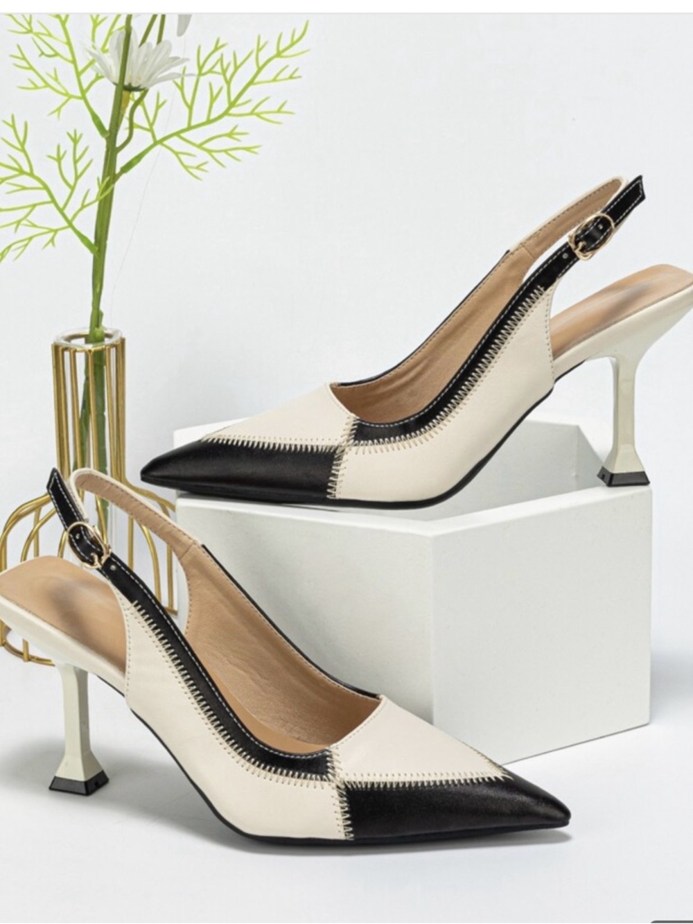 Two-Tone Black and Cream Slingback Heels